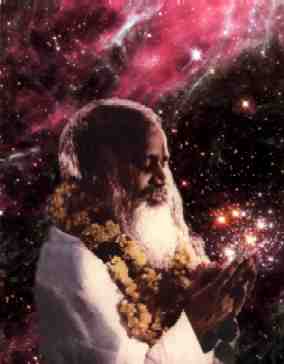 Holiness Maharishi Mahesh Yogi with background of Tarantula Nebula in our galactic neighbor, the Large Magellanic Cloud. Maharishi appears to be holding the cluster of brilliant, massive stars, known to astronomers as Hodge 301.